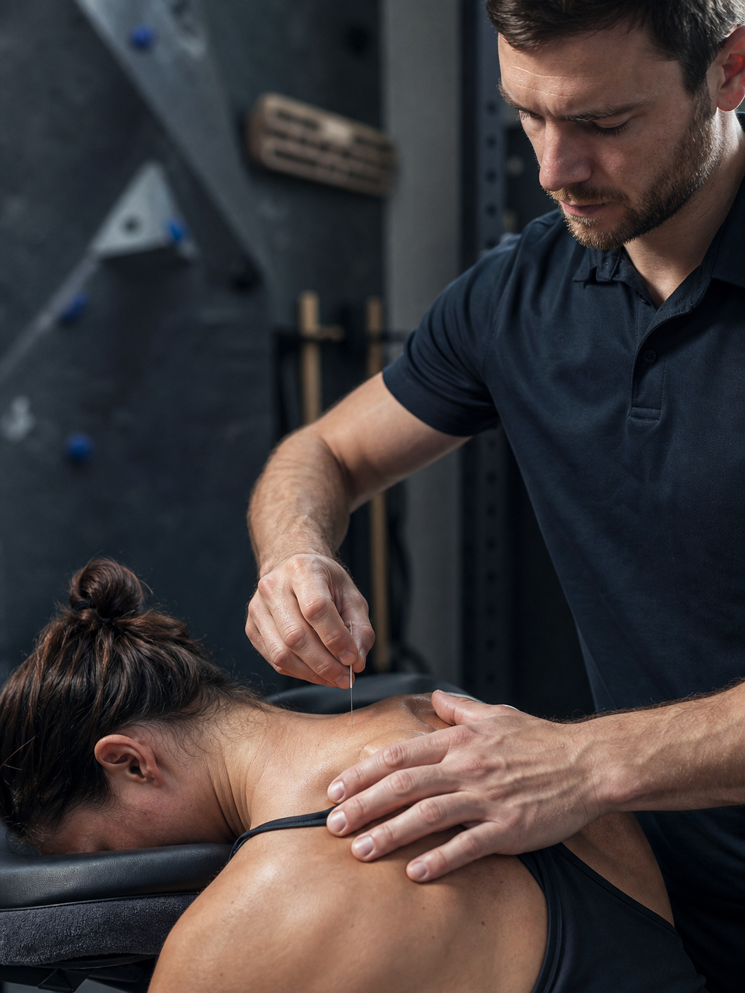 A resident physical therapist performing dry needling on a member's upper back at ONE Boulder Fitness