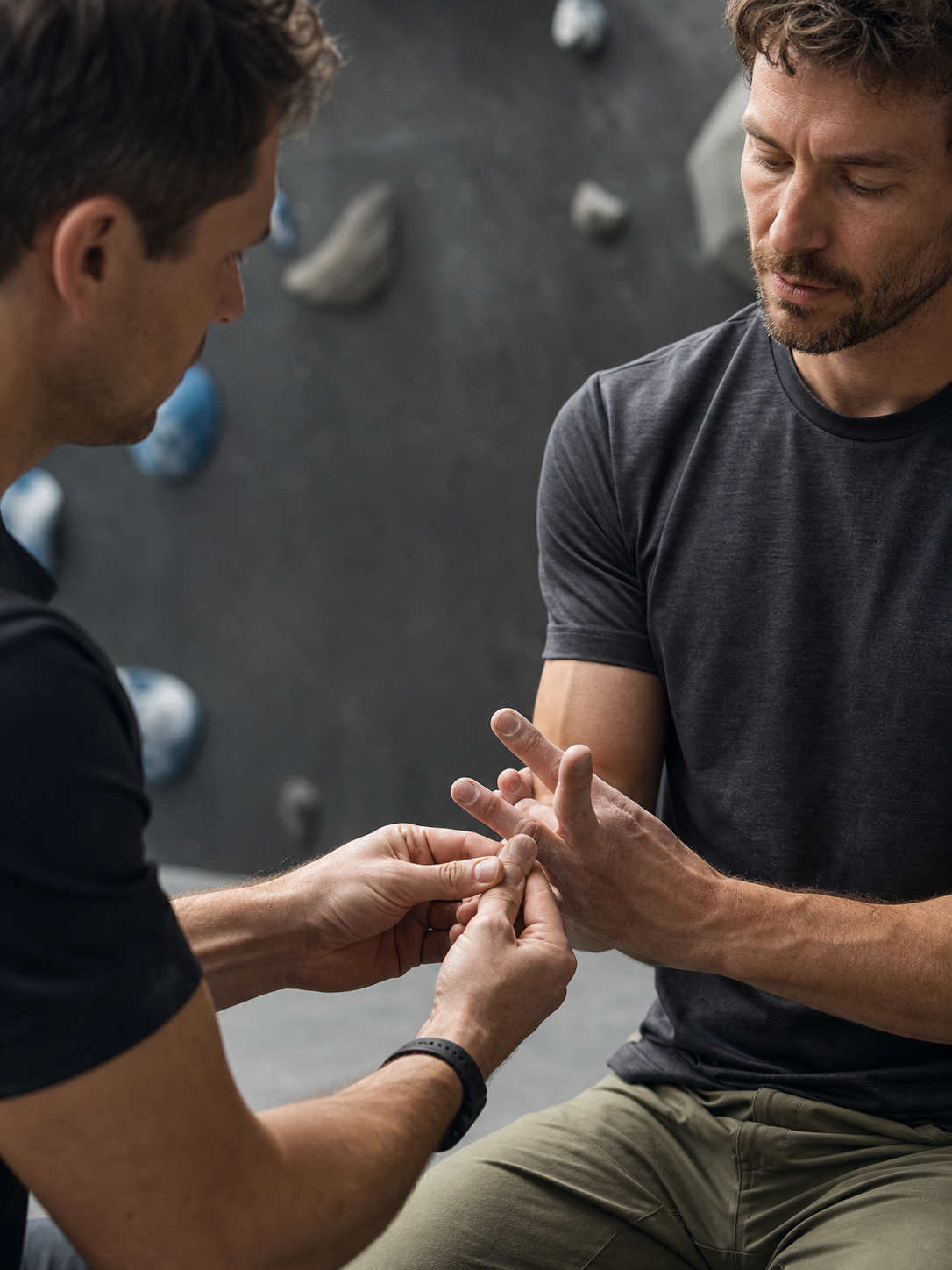 A resident physical therapist assessing a climber's finger and hand mobility at ONE Boulder Fitness