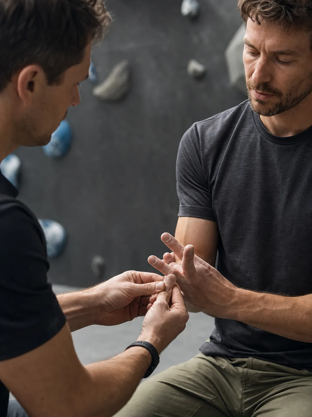 A resident physical therapist assessing a climber's finger and hand mobility at ONE Boulder Fitness